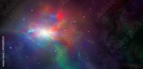 Space background. Colorful fractal nebula in red  green and blue color with stars. Digital painting