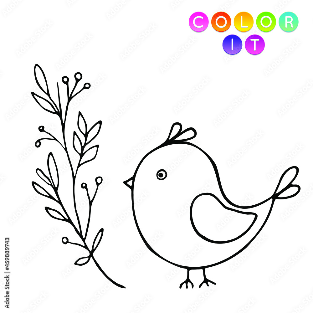 Black and White cartoon vector illustration. Anti-stress page for child.  Cute outline education game. Fantasy coloring page with bird. Coloring book, print, t shirt design, sticker, label.