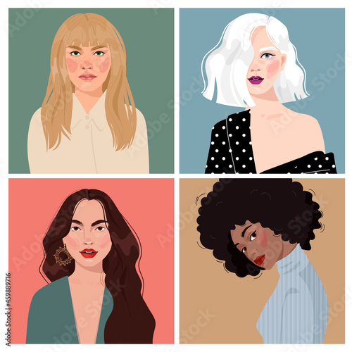 Set of portraits of women of different gender and age. Diversity.  flat illustration. Avatar for a social network. 