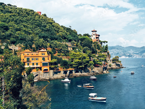 Paraggi coast with colored houses in Tigullio gulf, Portofino, Liguria photo