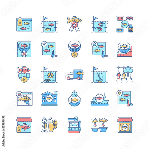 Fishing industry RGB color icons set. Catching and preparing seafood. Processing and farming. Canning plant. Fishery rules. Isolated vector illustrations. Simple filled line drawings collection