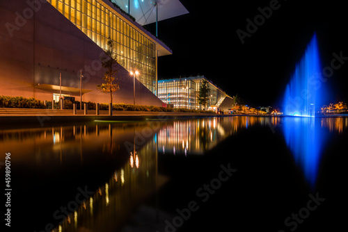 Stavros Niarchos Foundation Cultural Center at night. Nowadays it houses the National Library of Greece and the Greek National Opera
