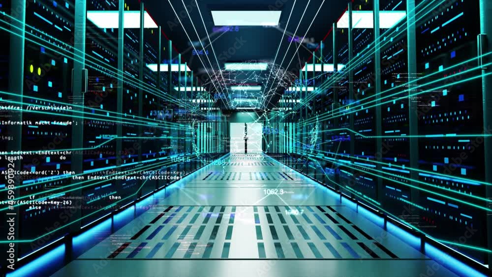Loop Animation of data processing, digital Global network of internet information flowing through network of computer servers in a server room. Broadcast technology and computers news report Loop Animation of data processing, digital Global network of internet information flowing through network of computer servers in a server room. Broadcast technology and computers news report