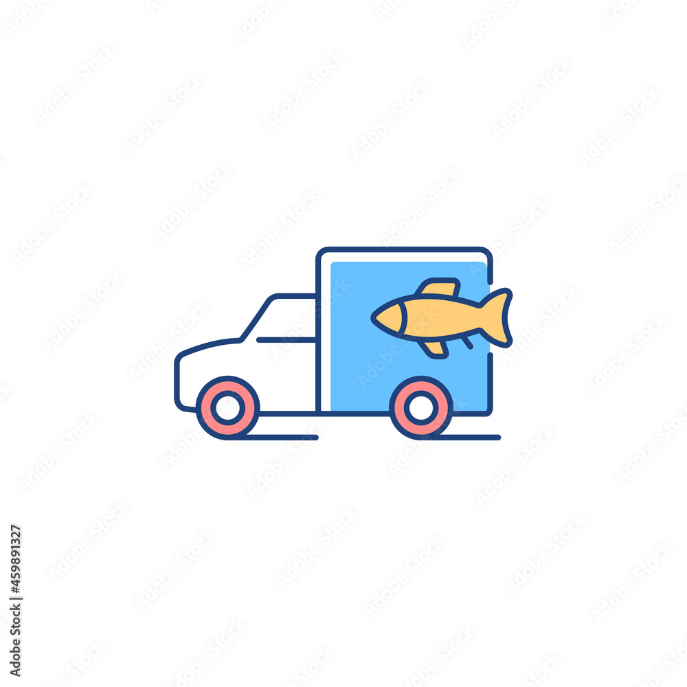 Fish transporting RGB color icon. Commercial transportation of aquaculture products. Seafood products supply. Fresh and frozen fish. Isolated vector illustration. Simple filled line drawing