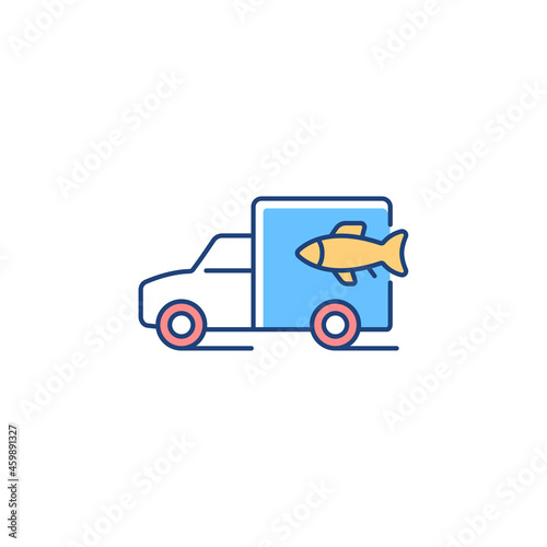 Fish transporting RGB color icon. Commercial transportation of aquaculture products. Seafood products supply. Fresh and frozen fish. Isolated vector illustration. Simple filled line drawing