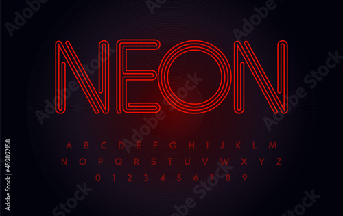 Red neon font glowing, tube letters set, outline contour alphabet. Modern night life type for casino, bar, cafe, karaoke, casino logo or headline. Vector typography design