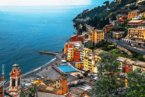 High angle view of Sori village and beach coast, Genova, Liguria photo