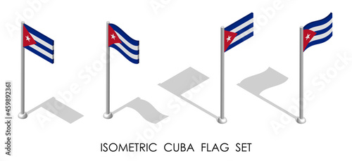 isometric flag of Cuba in static position and in motion on flagpole. 3d vector