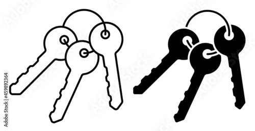 Linear icon. Bunch of keys on ring from lock of front door of residential building. Round handle key. Simple black and white vector isolated on white background