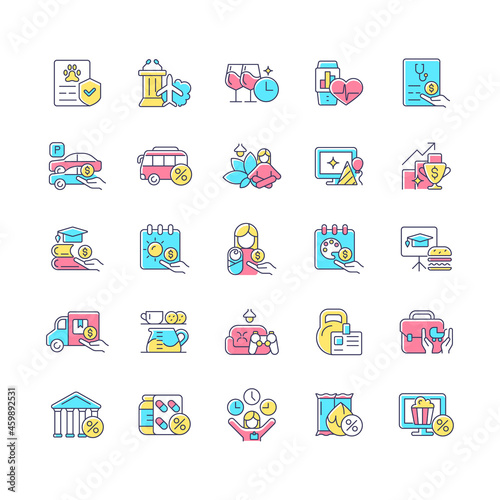 Employee perks and bonuses RGB color icons set. Workplace benefits. Enhancing worker experience. Performance awards. Isolated vector illustrations. Simple filled line drawings collection