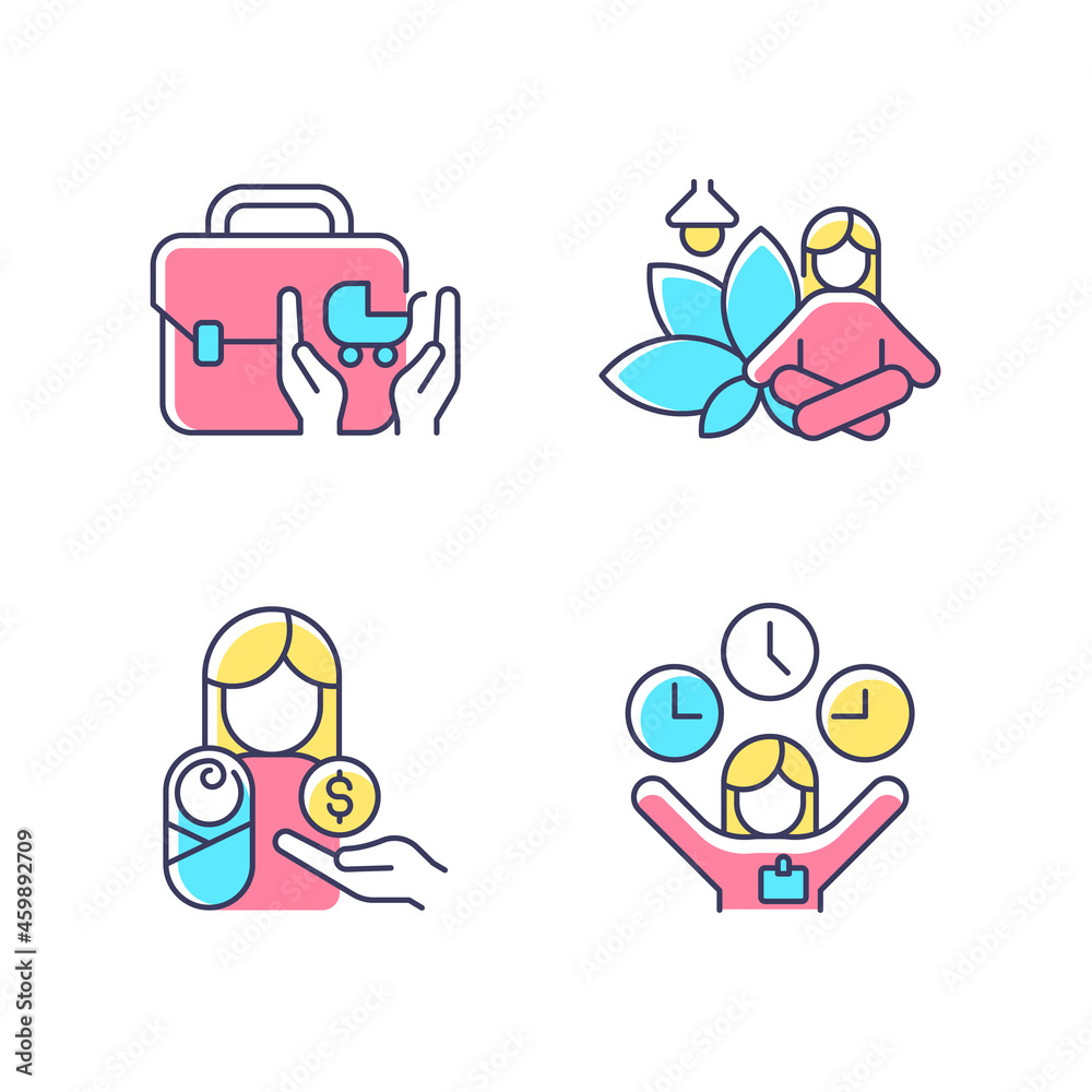 Employee incentives RGB color icons set. Child care assistance. Meditative space at work. Paid parental leave. Flexible hours. Isolated vector illustrations. Simple filled line drawings collection