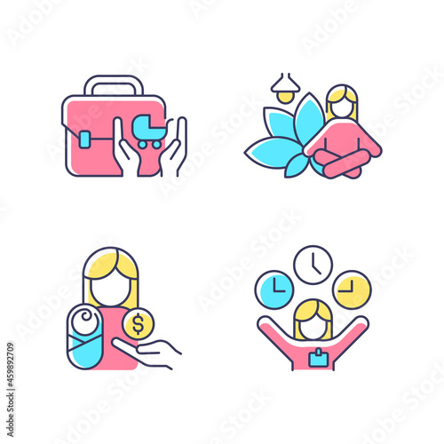 Employee incentives RGB color icons set. Child care assistance. Meditative space at work. Paid parental leave. Flexible hours. Isolated vector illustrations. Simple filled line drawings collection