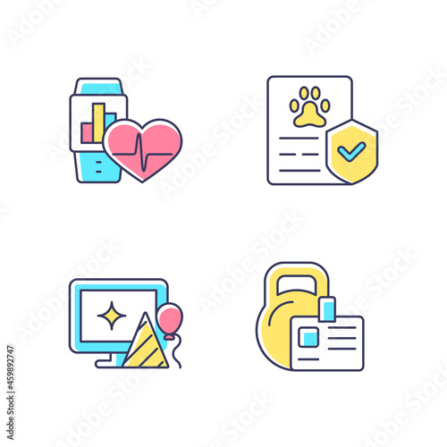 Motivating employees RGB color icons set. Health trackers for workers. Pet insurance. Workplace celebration. Gym membership. Isolated vector illustrations. Simple filled line drawings collection