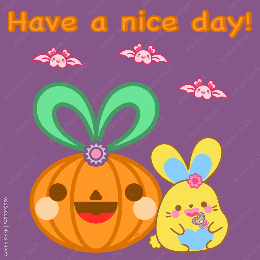 Halloween concept. Happy cute bunny eat candy, sit with giant pumpkin, pretty bat. Purple background. Kawaii rabbit adorable animal doodle cartoon character vector design. Have a nice day! Lovely card Halloween concept. Happy cute bunny eat candy, sit with giant pumpkin, pretty bat. Purple background. Kawaii rabbit adorable animal doodle cartoon character vector design. Have a nice day! Lovely card