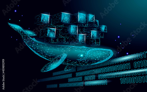 Whale and container computer docker developer app concept. Business digital open source program. Data coding steering 3D low polygonal vector line illustration photo