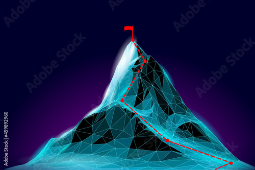 High mountain peak 3D landscape. Technology structure grid abstract goal reaching. Business success teamwork concept. Achievement goal vector illustration