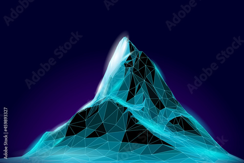 High mountain peak 3D landscape. Technology travel structure grid abstract goal reaching. Business success teamwork concept. Winter holiday vacation vector illustration
