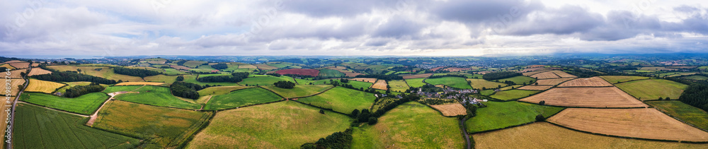 Panorama of fields from drone, Berry Pomeroy Village, Devon, England, Europe Panorama of fields from drone, Berry Pomeroy Village, Devon, England, Europe