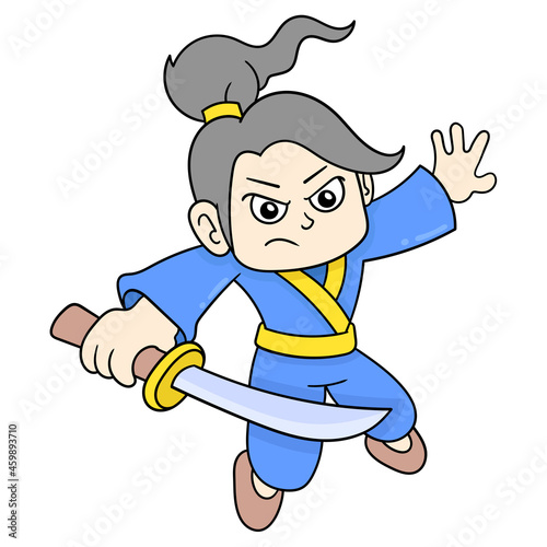 ninja is carrying a sharp sword ready to fight, doodle icon image kawaii