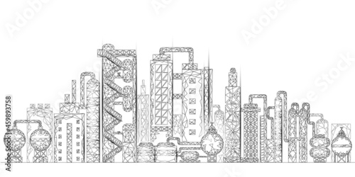 Petroleum oil refinery complex low poly business concept. Finance economy polygonal petrochemical production plant. Petroleum fuel industry downstream. Ecology solution white illustration