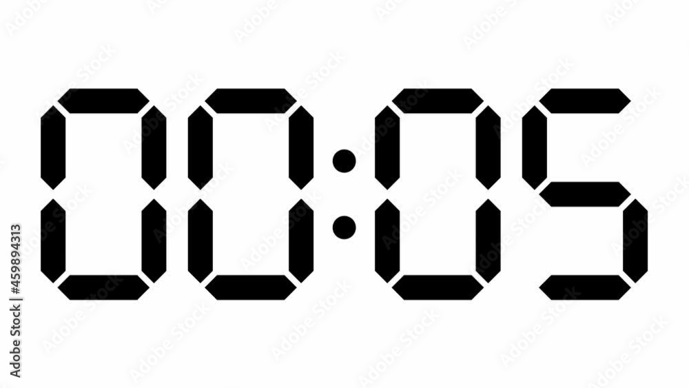 Clock stopwatch counting forward from 0 to 10 seconds, digital electronic segment display, black on white