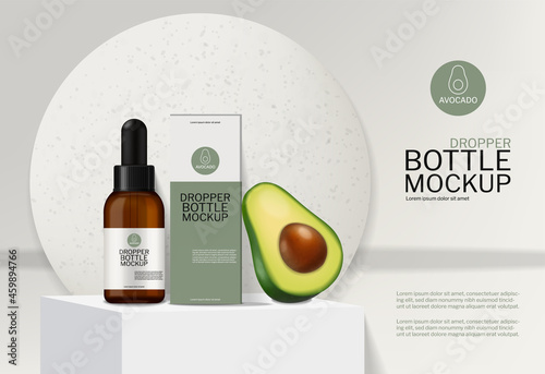 Avocado oil cosmetics vector realistic. Label design mock up. Product placeme...