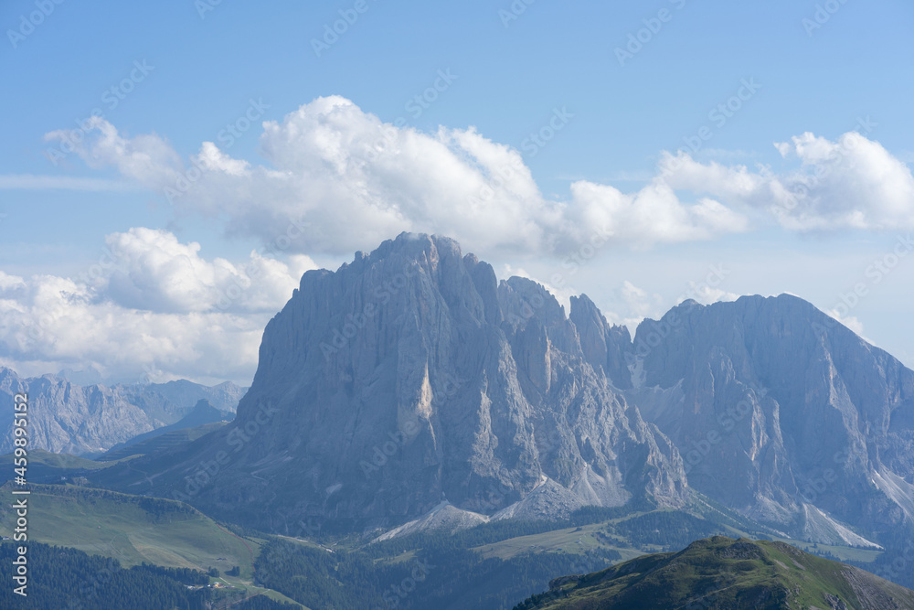 Seceda Mountains in the Dolomites, Trentino Alto Adige, Val di Funes Valley, South Tyrol in Italy, Odle Mountains in the background, Italy.