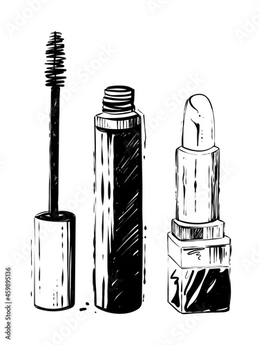Mascara and lipstick, hand drawn monochrome vector illustration