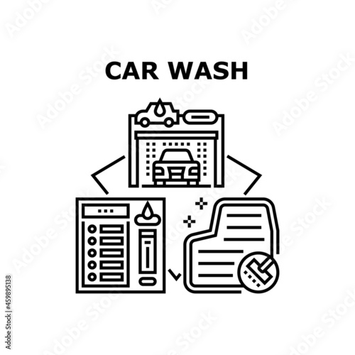 Car Wash Service Vector Icon Concept. Vacuum Carpet And Automatical Car Wash Service Equipment, Control Panel For Choosing Washing Function. Automobile Transport Cleaning Black Illustration