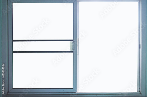 Soft blue window frame with clear glasses on white background