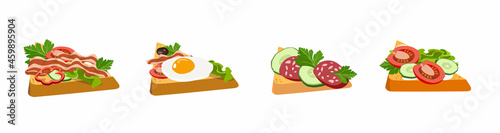 Set of morning sandwiches and toasts for breakfast. Fried pieces of bread with sausage, cheese, eggs, bacon and ham with tomatoes and cucumber. Concept breakfast for menu design. Vector illustration