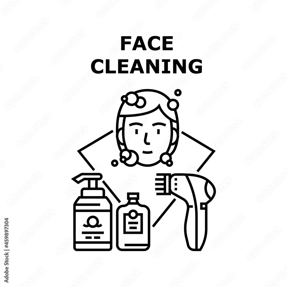 Face Cleaning Vector Icon Concept. Face Cleaning Cream And Soap Containers, Electronic Device For Clean And Treatment Facial Skin. Skincare Equipment And Cosmetic Black Illustration