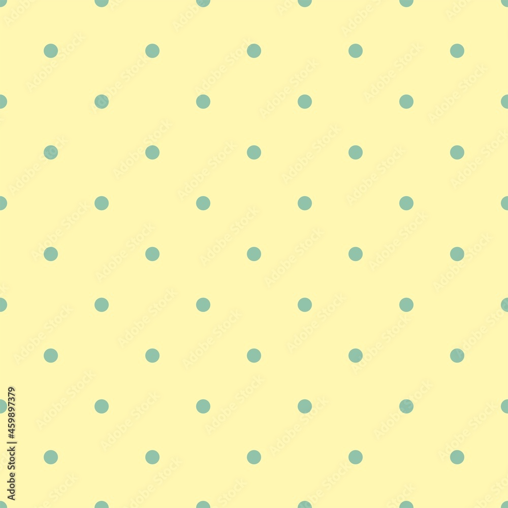 Seamless spring or summer fresh vector pattern with green polka dots on a retro vintage light yellow background