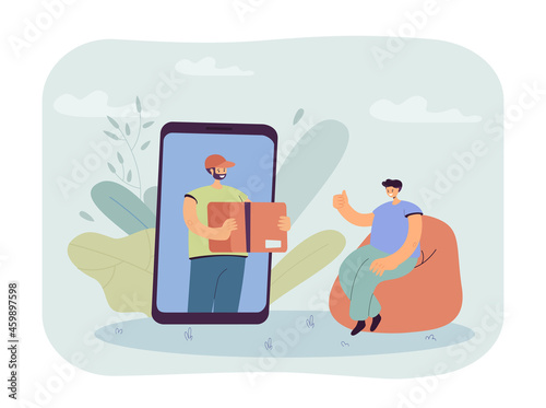 Man ordering parcel online via mobile phone. Tiny male courier delivering package box to home flat vector illustration. Fast delivery service concept for banner, website design or landing web page