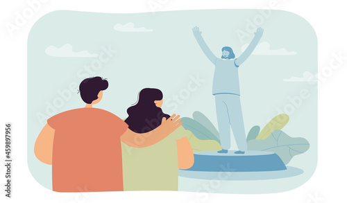People listening speech of virtual public speaker. Podium speaker speaking to audience during online meeting flat vector illustration. Oratory concept for banner, website design or landing web page