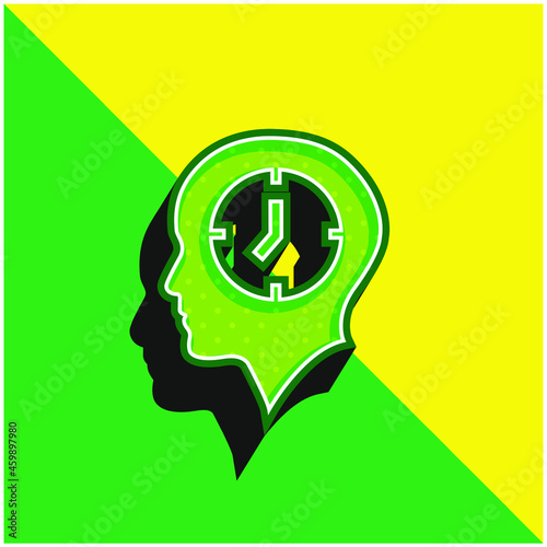 Bald Head With A Clock Green and yellow modern 3d vector icon logo