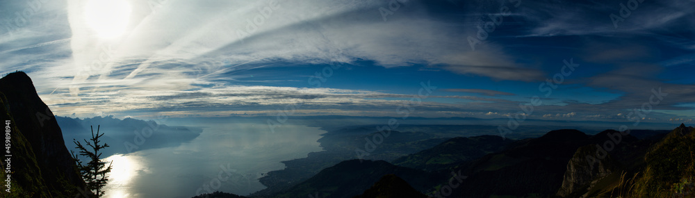 Panorama from the Roche de Naye mountain to Lake Geneva in the evening 