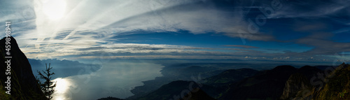 Panorama from the Roche de Naye mountain to Lake Geneva in the evening  photo