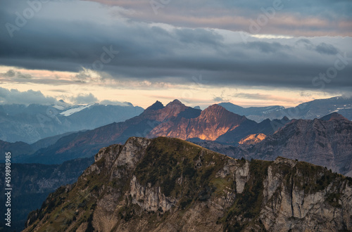 Panorama from the mountain Roche de Naye the swiss alps landscape at sunset 