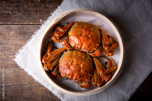 Chinese hairy crabs in bamboo steamer, chinese cuisine