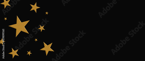 Golden stars on a black background. Panoramic view. 3D rendering