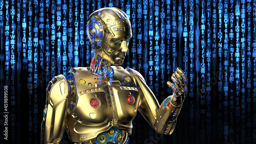 Detailed appearance of the gold AI robot in shadow under matrix code background with the blue digital symbols. Dangerous criminal concept image. 3D CG. 3D illustration. 3D high quality rendering. photo