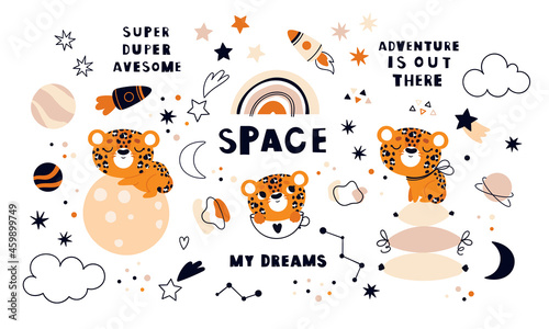 Set with cute leopards in space. Planets, stars and clouds in doodle style. Children's graphic design