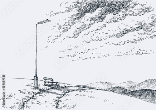 City park alley street lamp and bench hand drawing