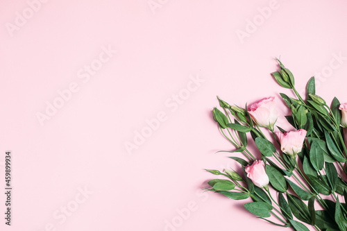 Bouquet of pink eustoma on a pink background. Card