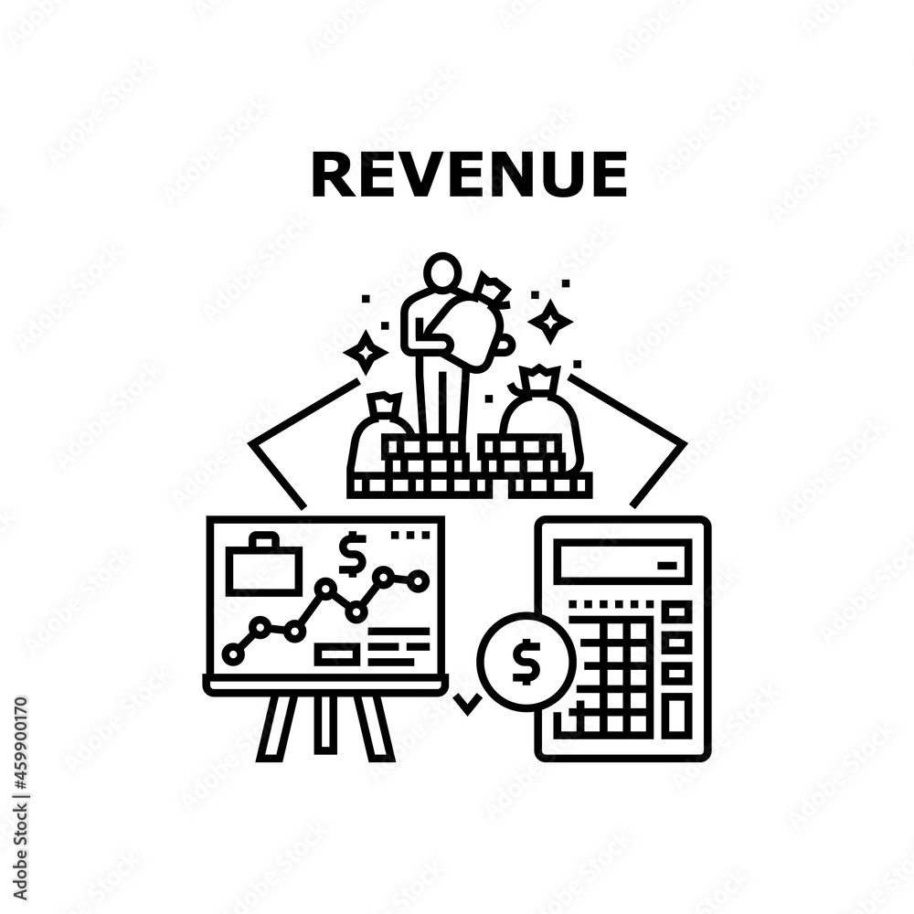 Revenue Finance Vector Icon Concept. Revenue Finance Planning Strategy And Calculating Income And Expense. Company Success Business And Economy. Budget Wealth Plan Black Illustration
