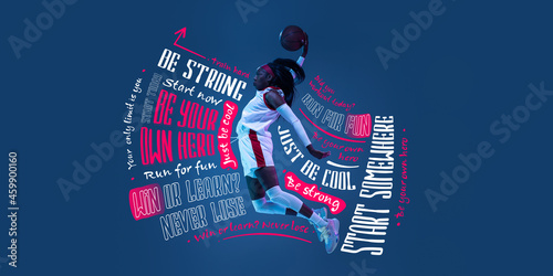 Sportive african-american woman, female basketball player in motion and action in neon light on blue background with lettering, graphics. Collage, poster © master1305