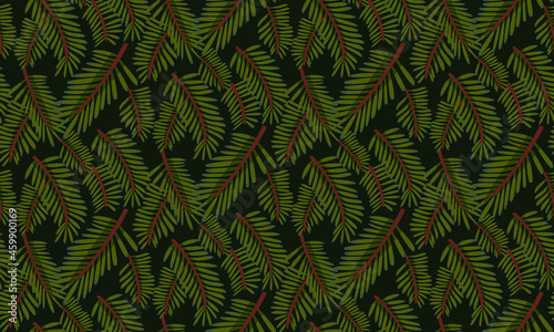 Christmas tree branches pattern, seamless texture. Evergreen conifer illustration. Christmas wrapping paper, festive background