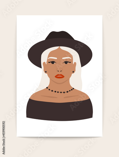 Abstract female portrait poster. Mid century contemporary woman silhouette face, fashion art print. Vector illustration