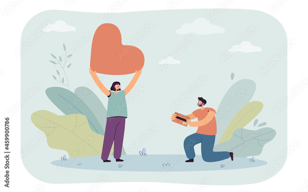 Man proposing to woman. Tiny male character on knee giving credit card to girl with giant heart flat vector illustration. Marriage proposal concept for banner, website design or landing web page Man proposing to woman. Tiny male character on knee giving credit card to girl with giant heart flat vector illustration. Marriage proposal concept for banner, website design or landing web page